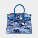 Custom Camouflage Swarovski Crystal Hermès Birkin 30 Bleu Hydra Chevre Gold Hardware