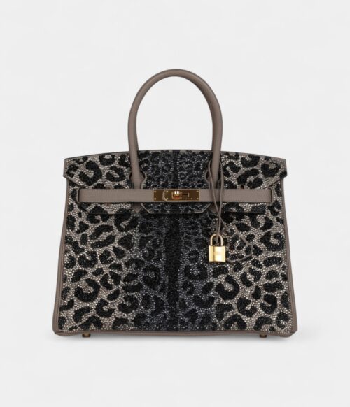 Custom Leopard Swarovski Crystal Hermès Birkin 30 Gris Asphalte Togo Gold Hardware