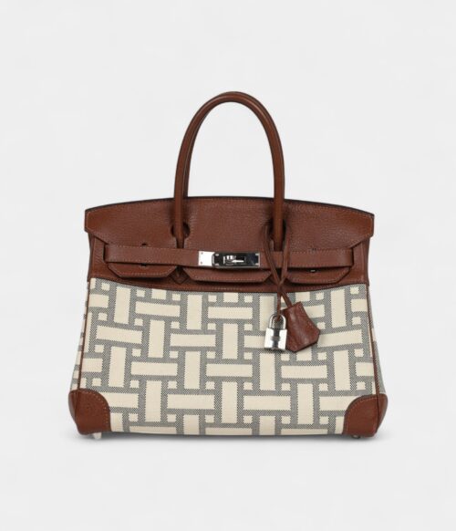 Hermès Birkin 30 Marron D'Inde Buffalo and Mosaique Canvas Palladium Hardware