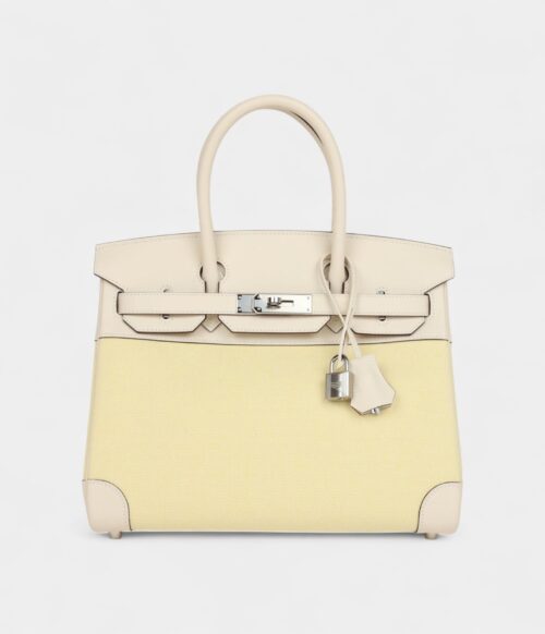 Hermès Birkin 30 Nata Swift and Jaune Poussin Toile Palladium Hardware