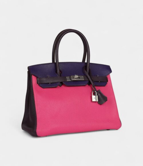 Hermès Birkin 30 Tri-Color Raisin, Ultraviolet and Rose Shocking Chevre Palladium Hardware