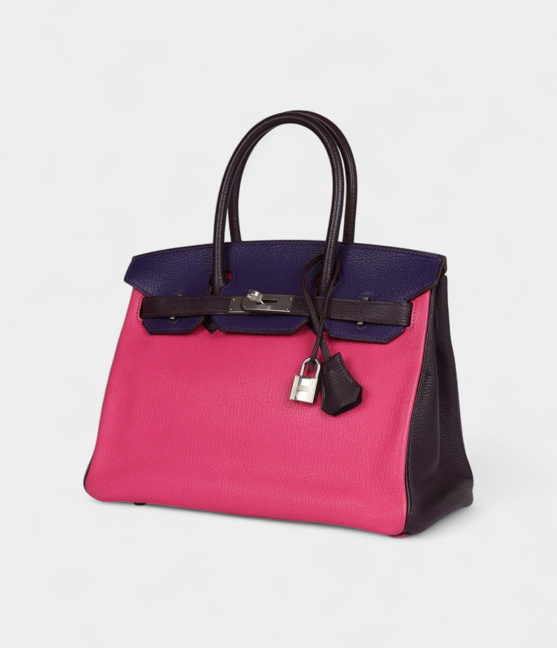 HermesBirkin30Tri-ColorRaisin_UltravioletandRoseShockingChevrePalladiumHardware_3.jpg Hermès Birkin 30 Tri-Color Raisin, Ultraviolet and Rose Shocking Chevre Palladium Hardware