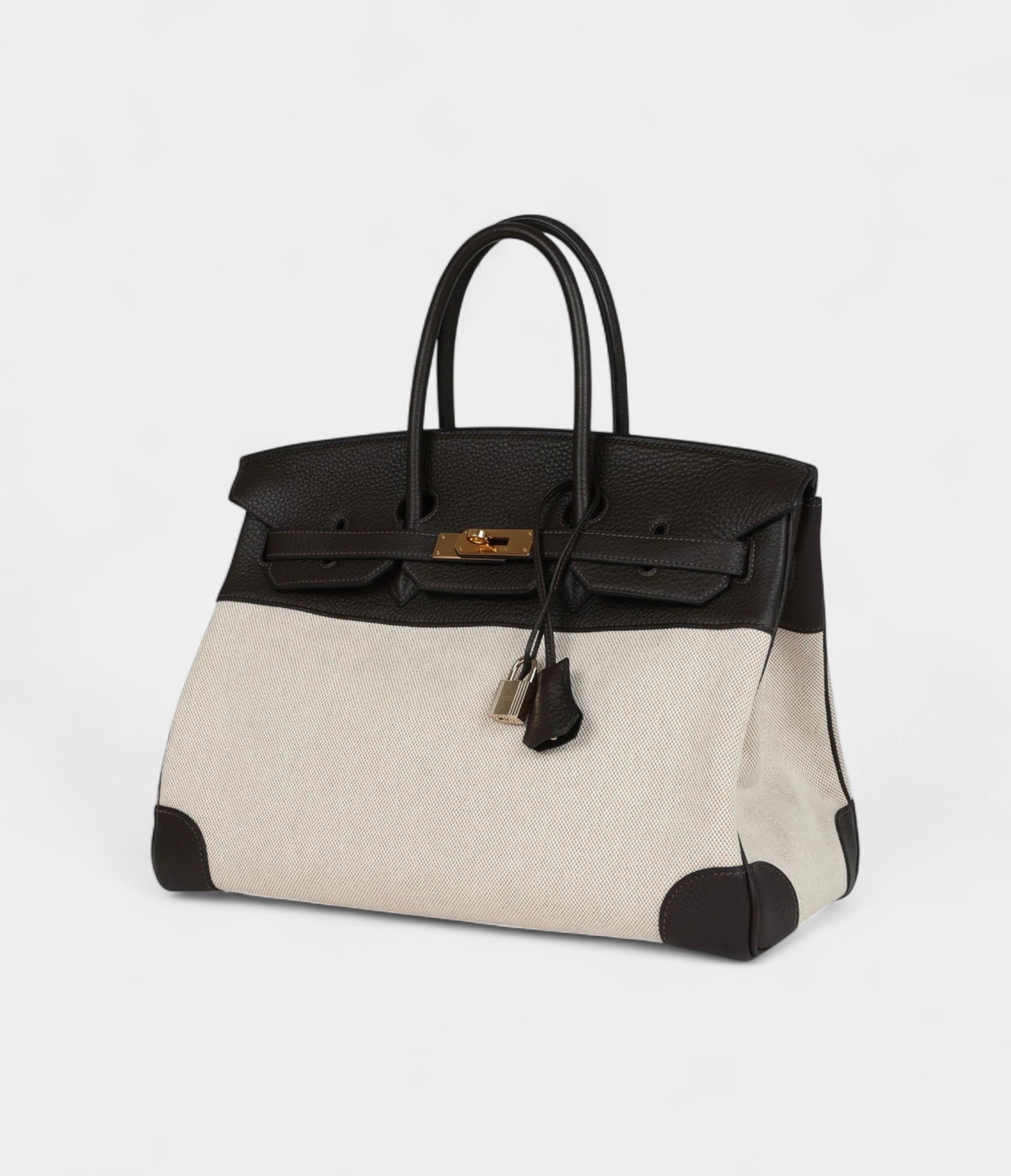 HermesBirkin35EbeneClemenceandEcru-BeigeToileHCanvasGoldHardware_1.jpg Hermès Birkin 35 Ebene Clemence and Ecru-Beige Toile H Canvas Gold Hardware
