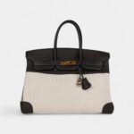 Hermès Birkin 35 Ebene Clemence and Ecru-Beige Toile H Canvas Gold Hardware