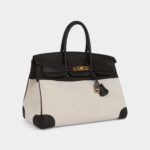 Hermès Birkin 35 Ebene Clemence and Ecru-Beige Toile H Canvas Gold Hardware