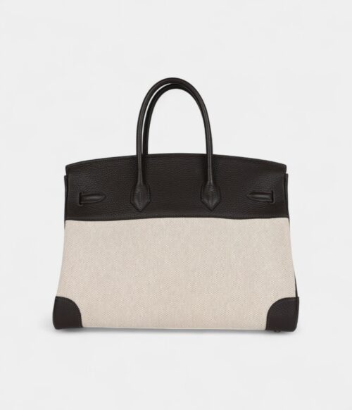 Hermès Birkin 35 Ebene Clemence and Ecru-Beige Toile H Canvas Gold Hardware