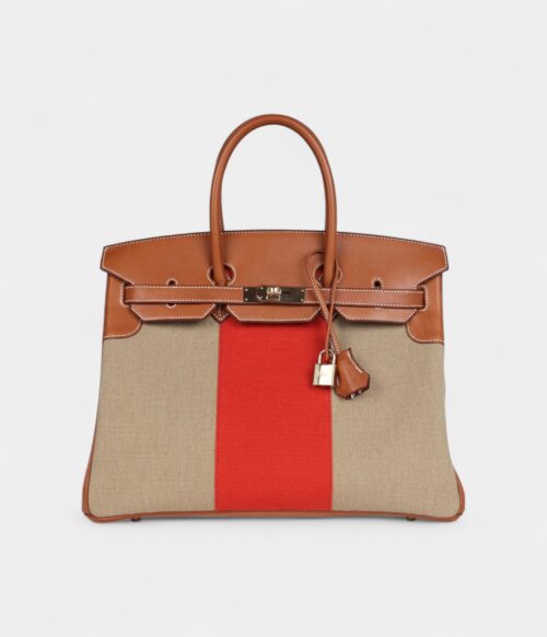 Hermès Birkin 35 Flag Ficelle and Paprika Toile H and Fauve Barenia Permabrass Hardware