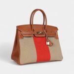 Hermès Birkin 35 Flag Ficelle and Paprika Toile H and Fauve Barenia Permabrass Hardware