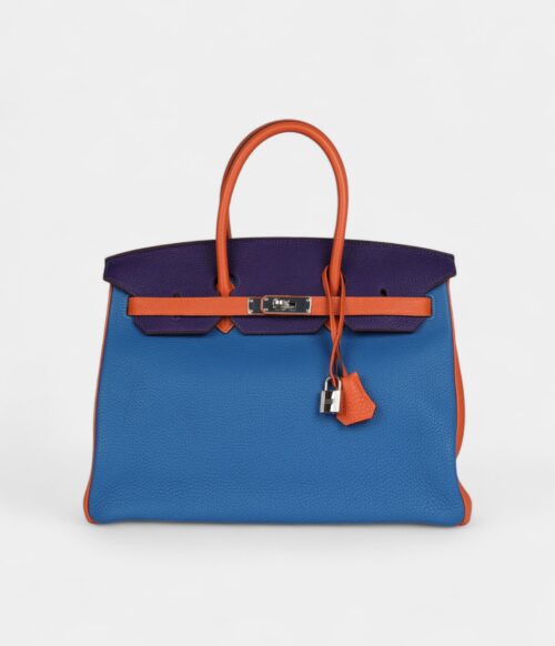 Hermès Birkin 35 Tricolor Bleu Hydra, Ultraviolet and Orange Togo Palladium Hardware