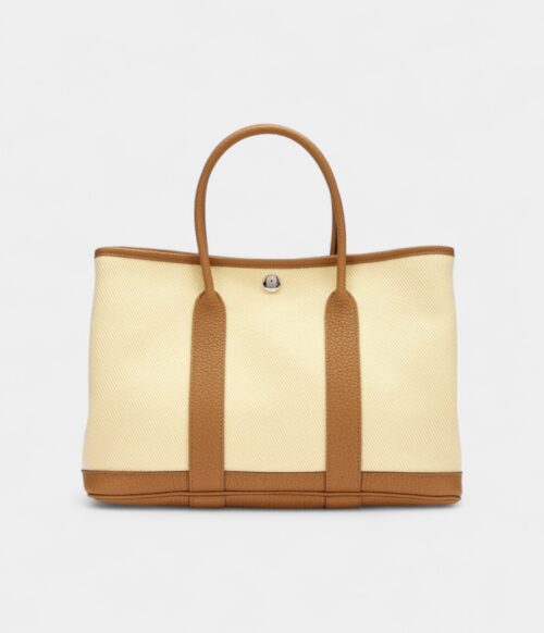 Hermès Biscuit Negonda and Écru Twill H Canvas Verso Garden Party 30 TPM Palladium Hardware