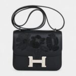 Hermès Constance 18 "Dancing Flowers" Black Embroidered Swift Palladium Hardware