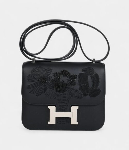 Hermès Constance 18 "Dancing Flowers" Black Embroidered Swift Palladium Hardware