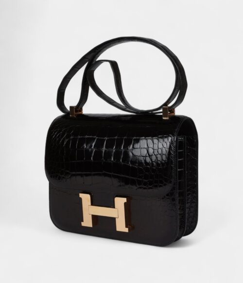 Hermès Constance 24 Black Shiny Alligator Rose Gold Hardware
