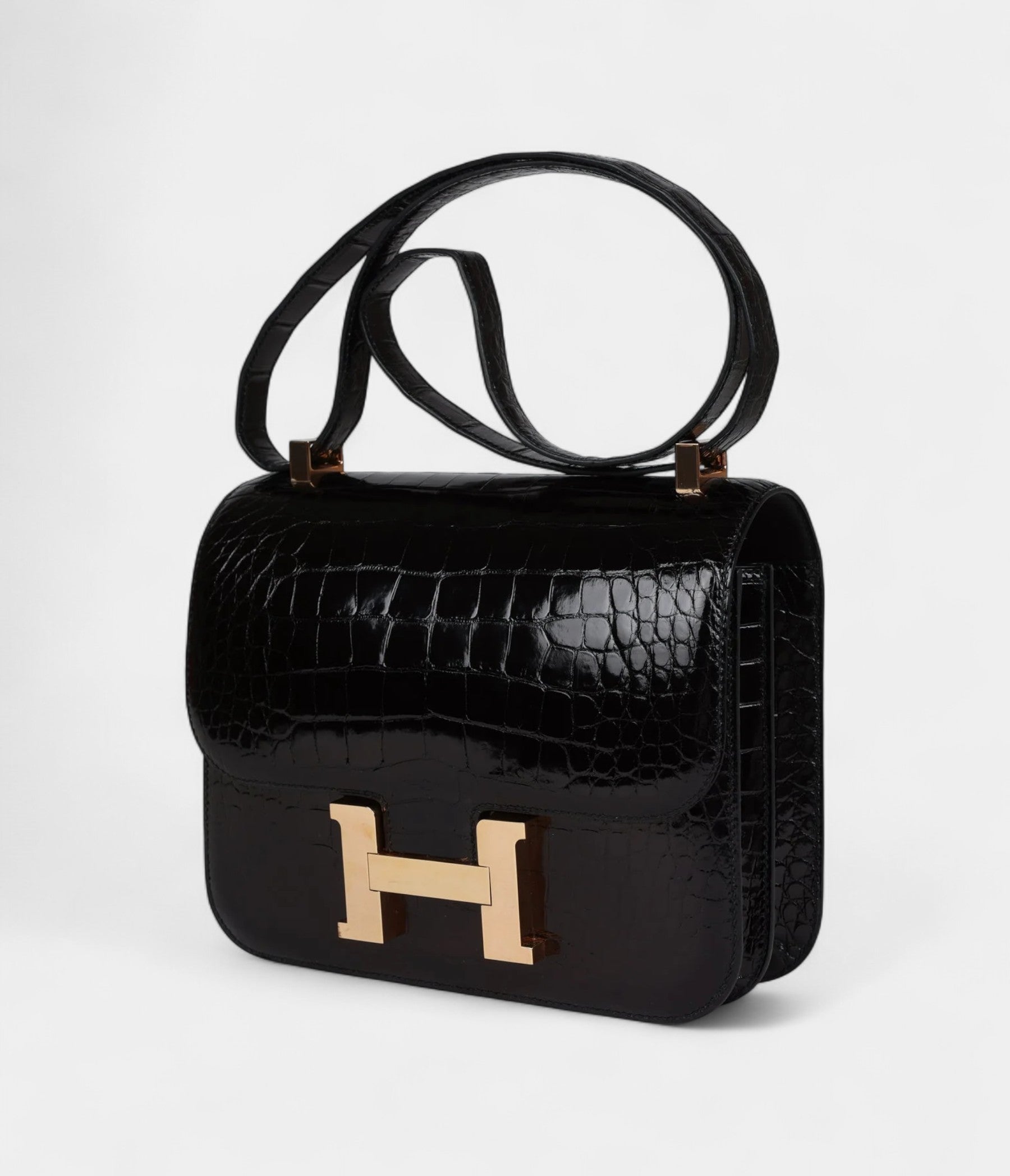 Hermès Constance 24 Black Shiny Alligator Rose Gold Hardware