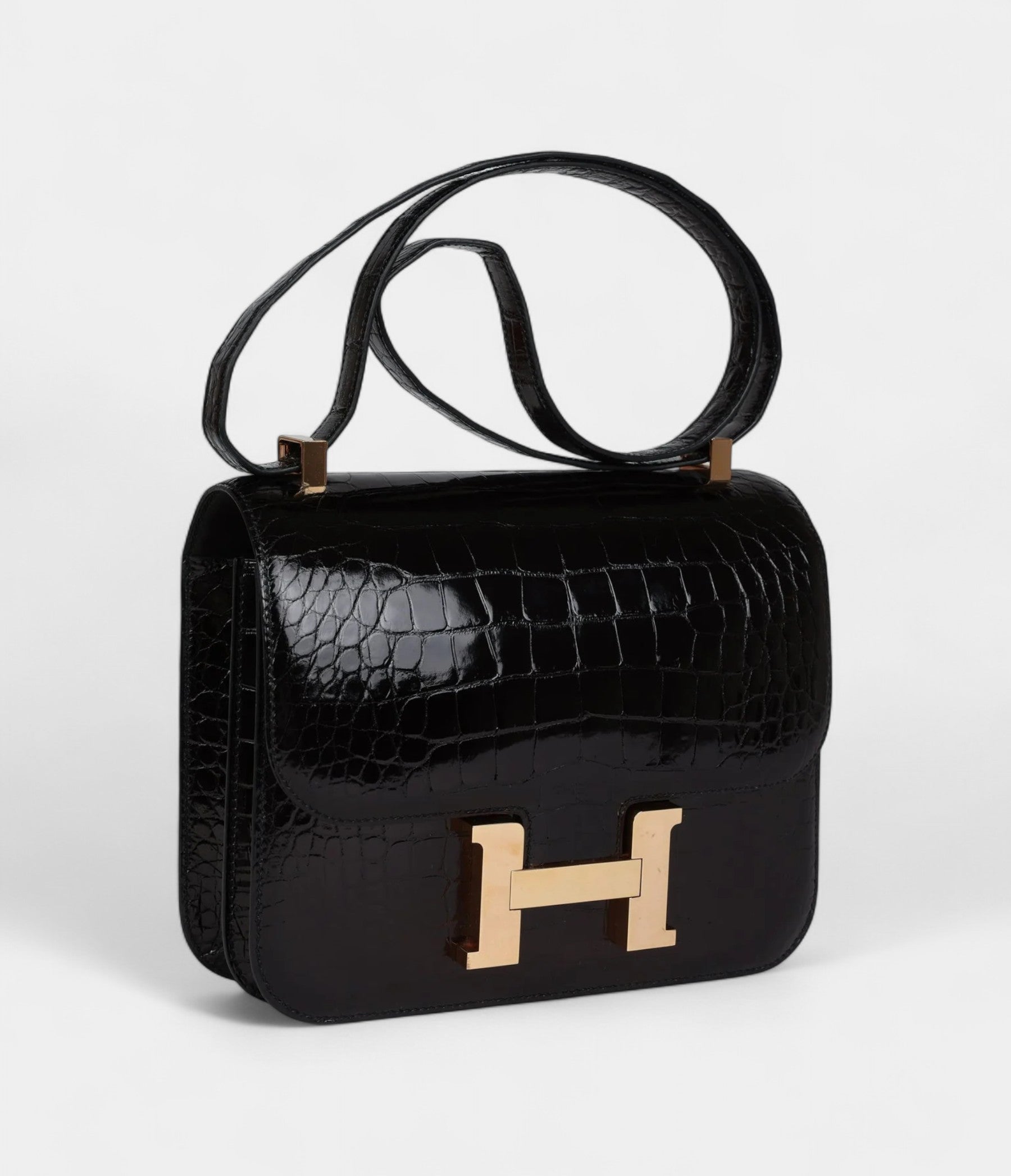 Hermès Constance 24 Black Shiny Alligator Rose Gold Hardware