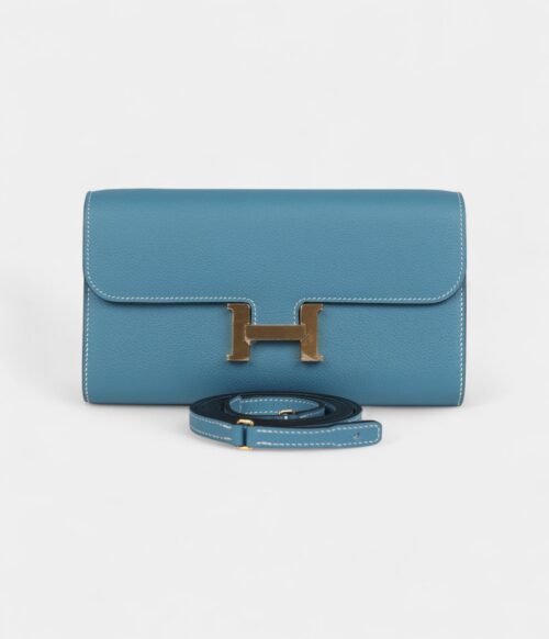 Hermès Constance Wallet To Go Blue Jean Evercolor Leather with Gold Hardware