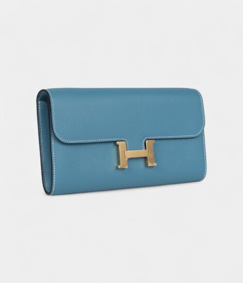 Hermès Constance Wallet To Go Blue Jean Evercolor Leather with Gold Hardware