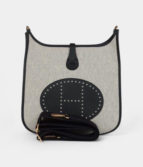 Hermès Evelyne III PM Black Clemence and Ecru Toile Gold Hardware