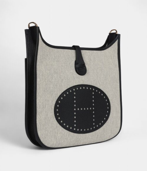 Hermès Evelyne III PM Black Clemence and Ecru Toile Gold Hardware