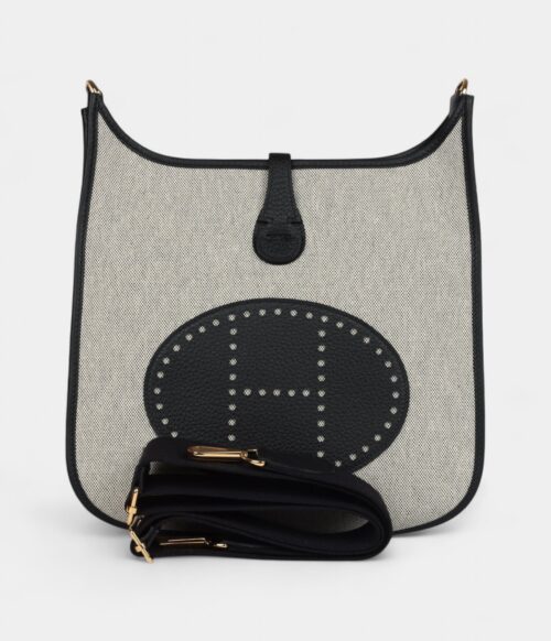 Hermès Evelyne III PM Black Clemence and Ecru Toile Gold Hardware