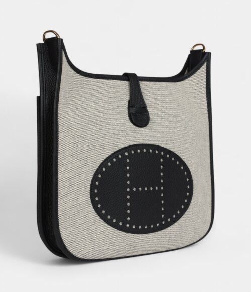 Hermès Evelyne III PM Black Clemence and Ecru Toile Gold Hardware