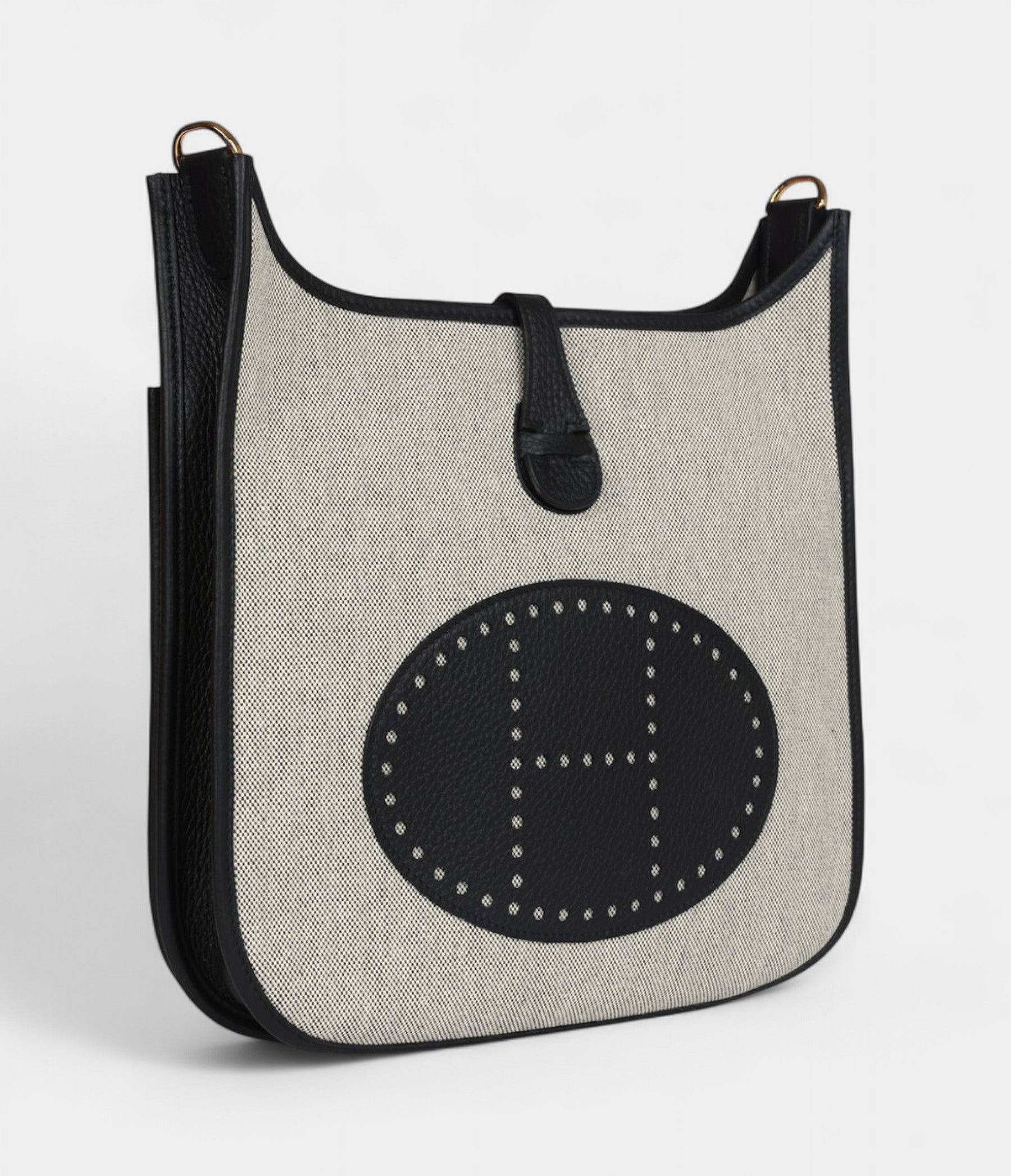 Hermès Evelyne III PM Black Clemence and Ecru Toile Gold Hardware