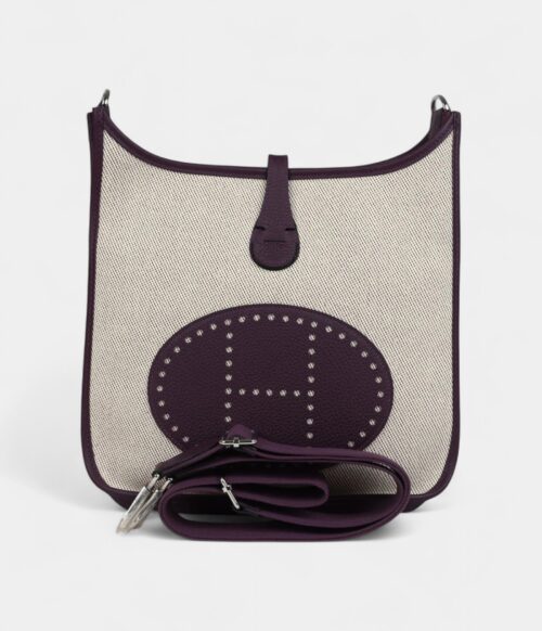 Hermès Evelyne III PM Cassis Clemence and Ecru Toile H Palladium Hardware