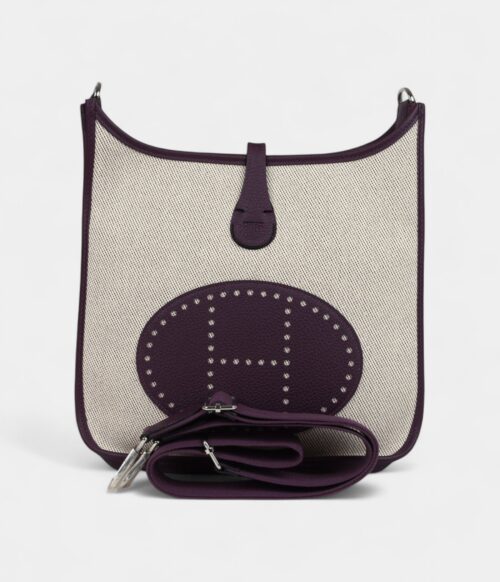 Hermès Evelyne III PM Cassis Clemence and Ecru Toile H Palladium Hardware