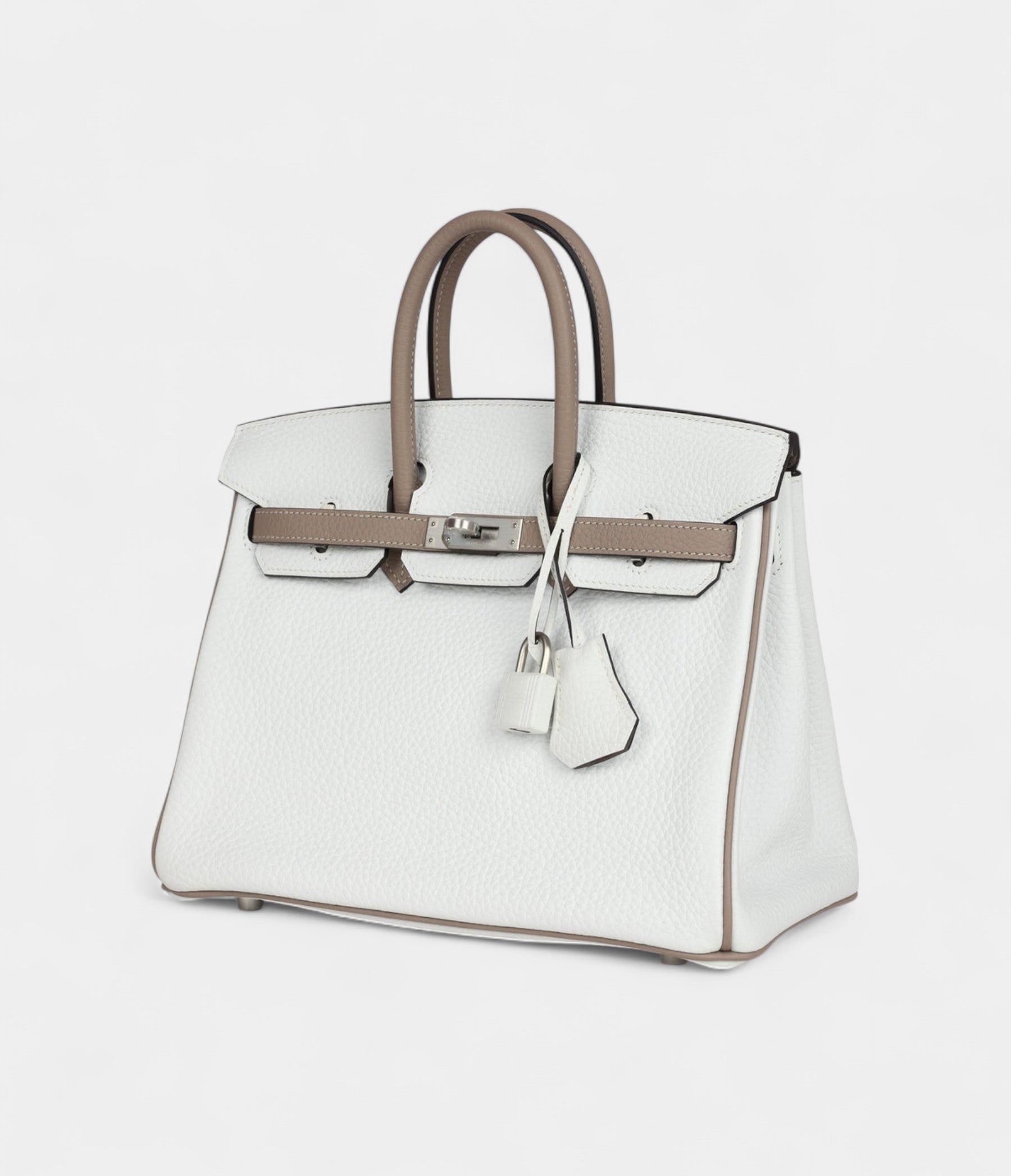 HermesHSSBirkin25_White_EtoupeClemencewithBrushedPalladiumHardware_2-1.jpg Hermès Birkin 25 – White & Etoupe Clemence with Brushed Palladium Hardware