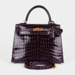 Hermes Kelly 25 Aubergine Shiny Niloticus Crocodile Gold Hardware