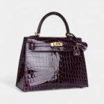 Hermes Kelly 25 Aubergine Shiny Niloticus Crocodile Gold Hardware