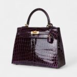 Hermes Kelly 25 Aubergine Shiny Niloticus Crocodile Gold Hardware