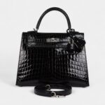 Hermes Kelly 25 Black Shiny Niloticus Crocodile Palladium Hardware