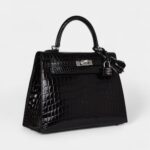Hermes Kelly 25 Black Shiny Niloticus Crocodile Palladium Hardware
