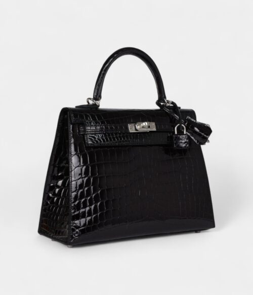 Hermes Kelly 25 Black Shiny Niloticus Crocodile Palladium Hardware