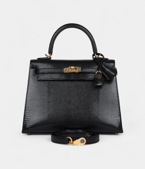 Hermes Kelly 25 Black Varanus Niloticus Lizard Gold Hardware