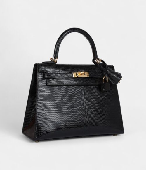 Hermes Kelly 25 Black Varanus Niloticus Lizard Gold Hardware