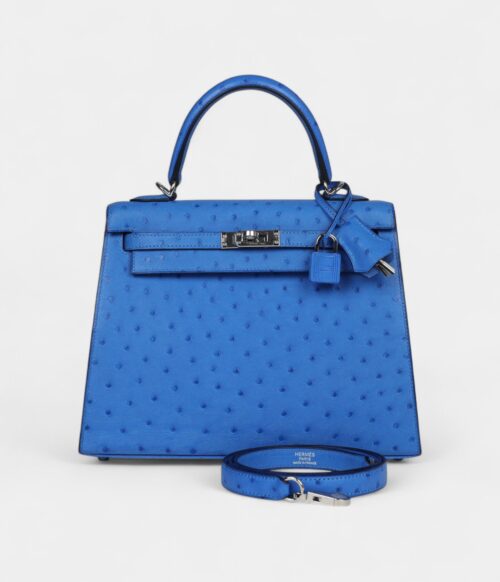 Hermes Kelly 25 Bleu Ostrich Palladium Hardware