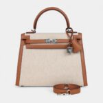 Hermes Kelly 25 Gold Swift and Ecru Toile Palladium Hardware