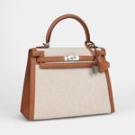 Hermes Kelly 25 Gold Swift and Ecru Toile Palladium Hardware