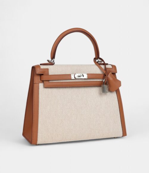Hermes Kelly 25 Gold Swift and Ecru Toile Palladium Hardware