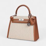 Hermes Kelly 25 Gold Swift and Ecru Toile Palladium Hardware
