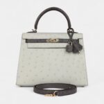 Hermes Kelly 25 Gris Perle and Graphite Ostrich Permabrass Hardware