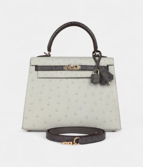 Hermes Kelly 25 Gris Perle and Graphite Ostrich Permabrass Hardware