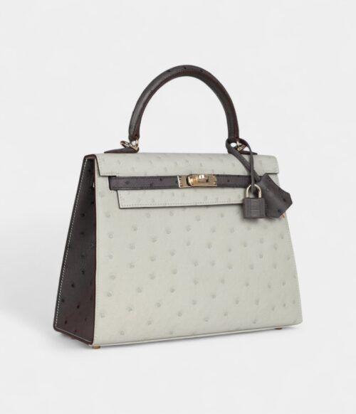 Hermes Kelly 25 Gris Perle and Graphite Ostrich Permabrass Hardware