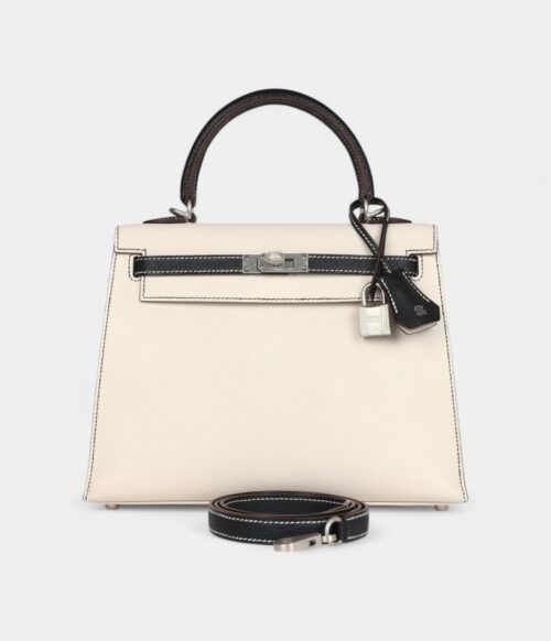 Hermes Kelly 25 Nata and Black Chevre Mysore Brushed Palladium Hardware