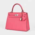 Hermes Kelly 25 Rose Azalee Epsom Palladium Hardware