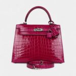 Hermes Kelly 25 Rose Purple Shiny Niloticus Crocodile Palladium Hardware