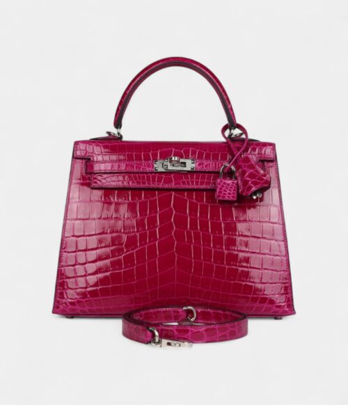 Hermes Kelly 25 Rose Purple Shiny Niloticus Crocodile Palladium Hardware