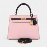 Hermes Kelly 25 Rose Sakura and Black Chevre Mysore Brushed Gold Hardware